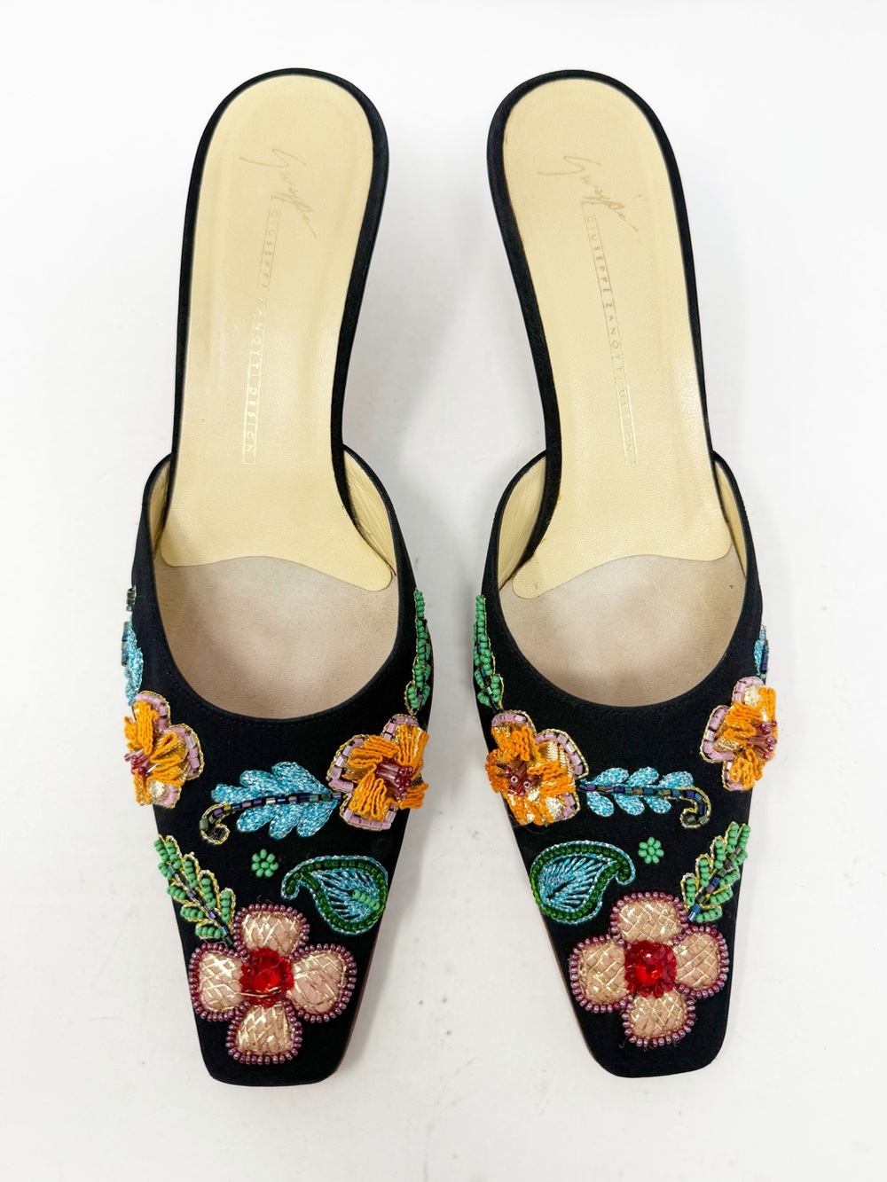 Giuseppe Zanotti Vintage Floral Beaded Satin Mule Kitten Heels Womens Size EU 38 - Picture 2 of 9